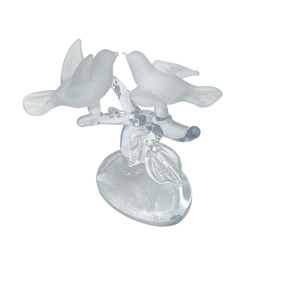 Clear Glass Two Birds Perched on Branch Figurine Sculpture - READ